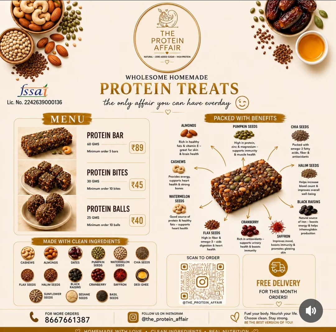 The Protein Affair menu — protein bar, bites and balls